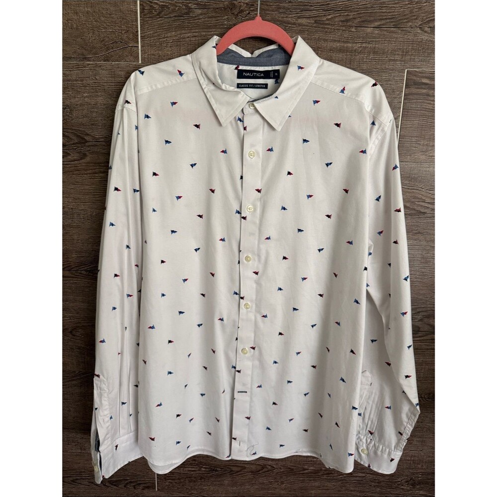 Nautica White Long-Sleeve Button-Down Shirt with Blue & Red Micro Flags